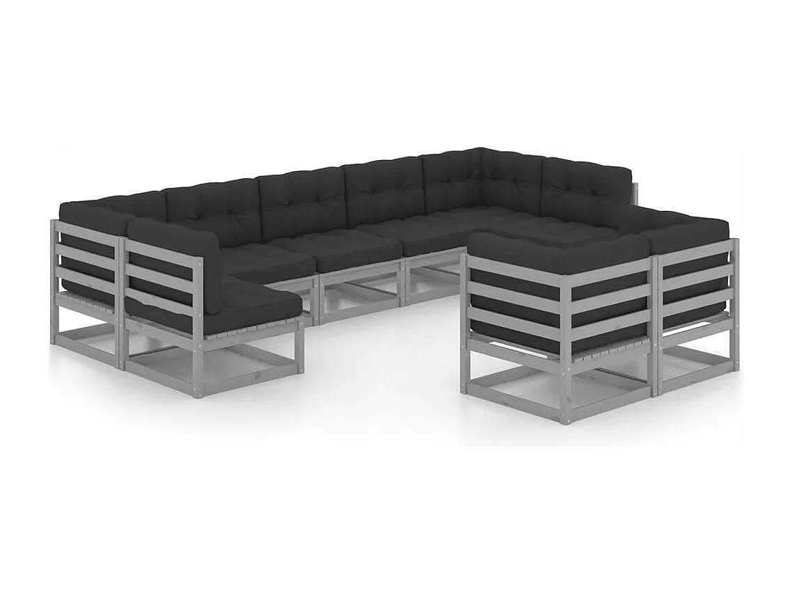 9-tlg. Garten-Lounge-Set mit Kissen Grau Massivholz Kiefer