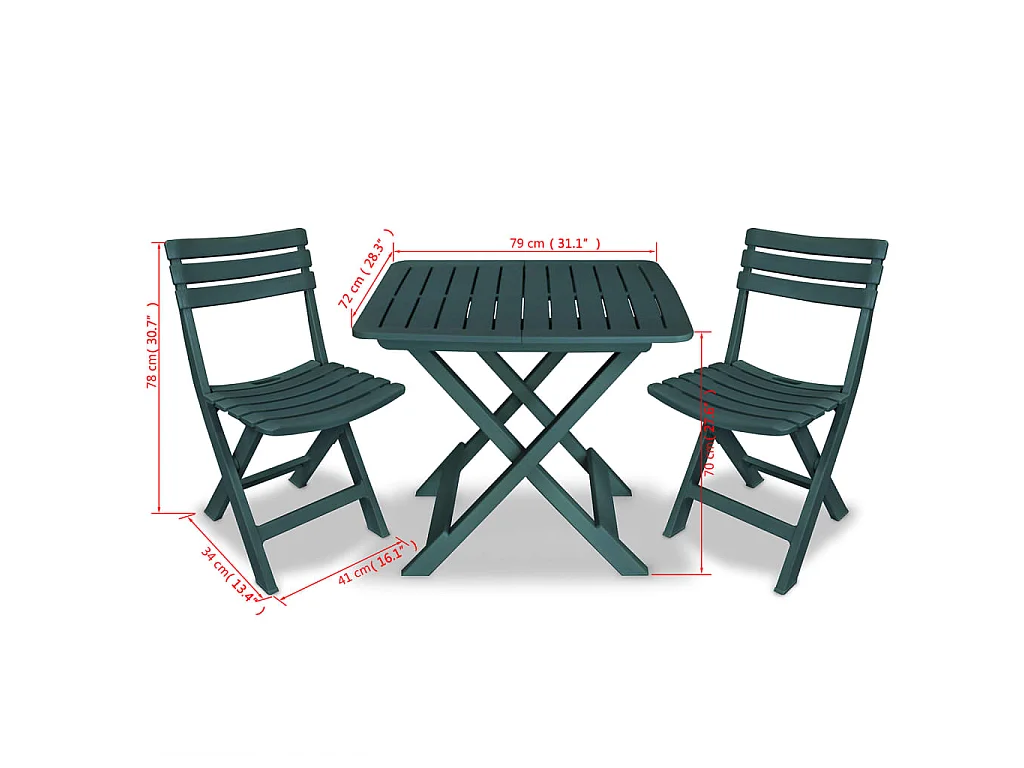 Mesa y sillas bistró de jardín plegables 3 pzas plástico verde