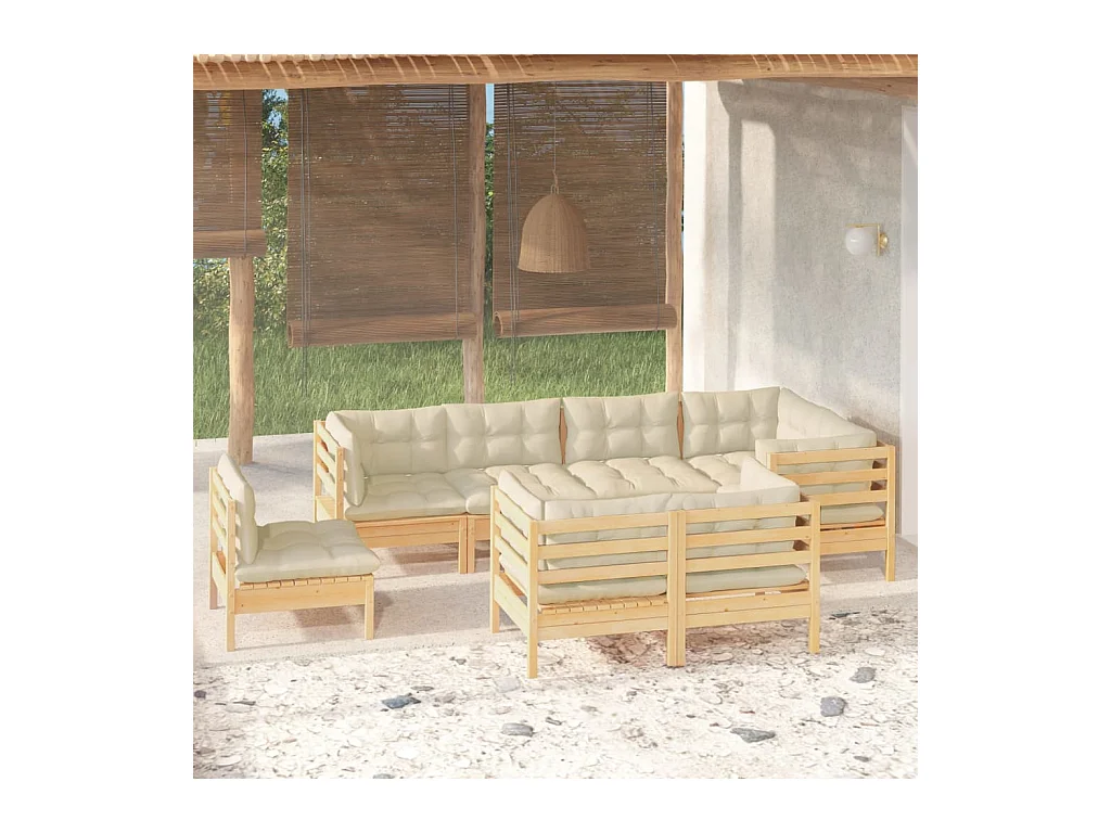 8-tlg. Garten-Lounge-Set mit Creme Kissen Massivholz Kiefer