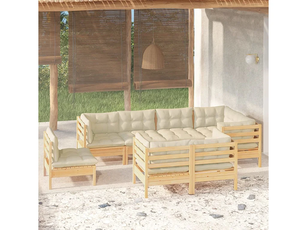 8-tlg. Garten-Lounge-Set mit Creme Kissen Massivholz Kiefer