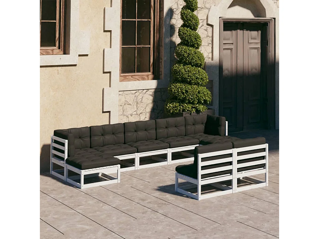 Salon de jardin 9 pcs avec coussins Blanc Bois de pin massif