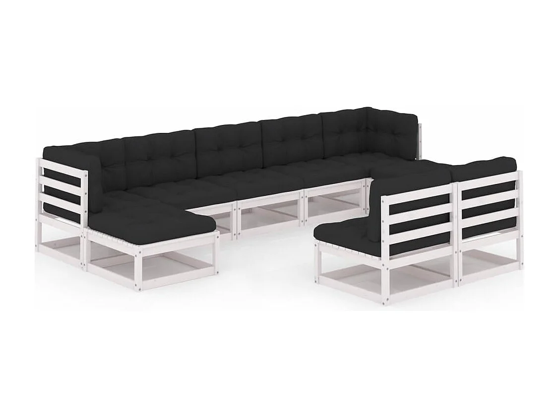 Salon de jardin 9 pcs avec coussins Blanc Bois de pin massif