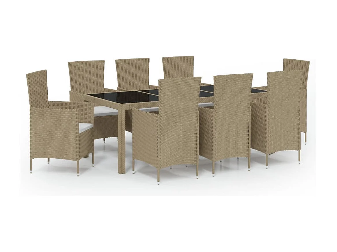 9 pcs conjunto de jantar p/ exterior c/ almofadões vime PE bege