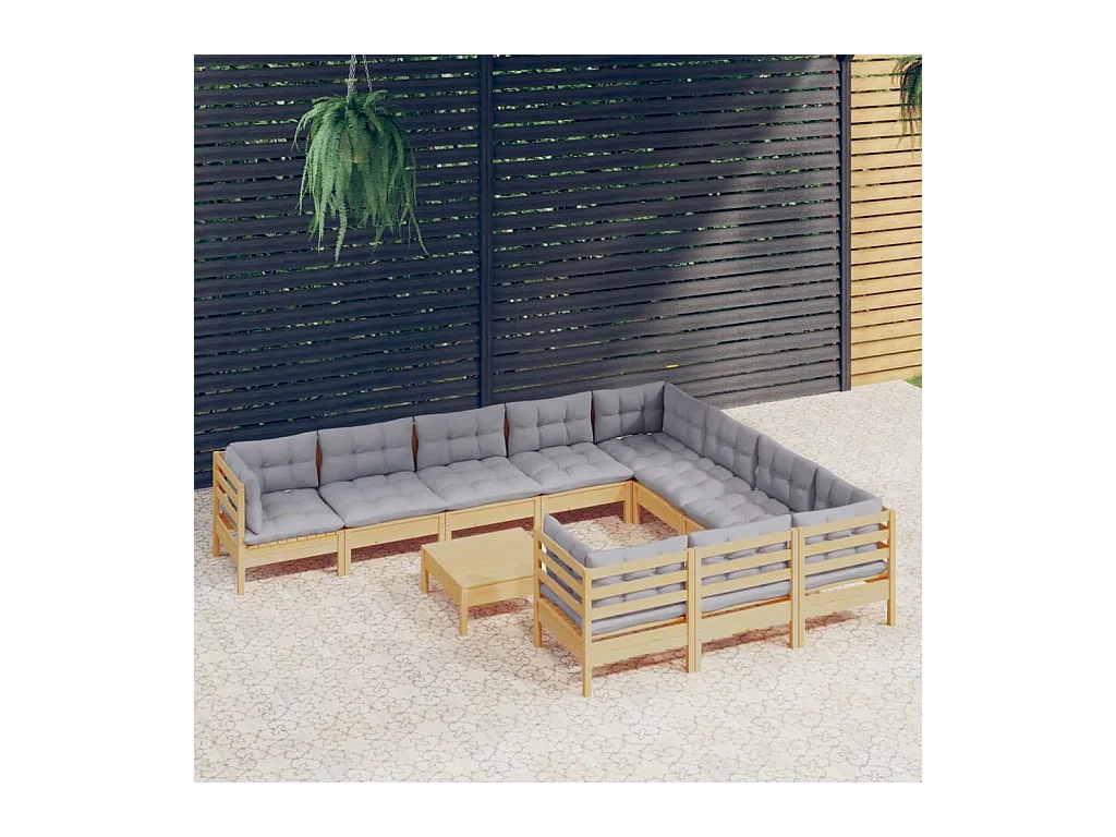 11-delige Loungeset met grijze kussens grenenhout
