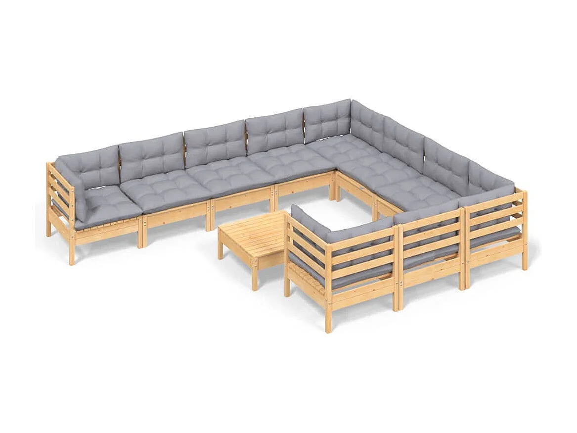 Salon de jardin 11 pcs avec coussins gris bois de pin