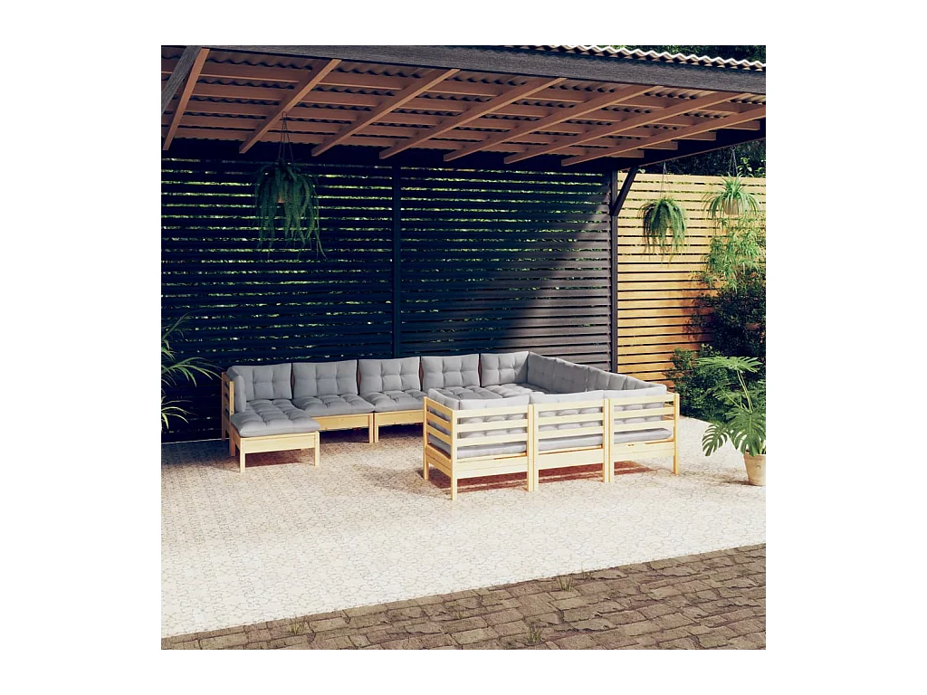 11-tlg. Garten-Lounge-Set mit Grauen Kissen Kiefernholz