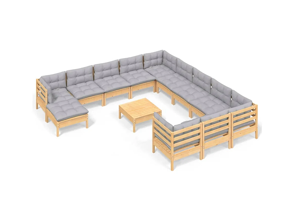 Set Divani da Giardino 13 pz con Cuscini Grigi Massello di Pino