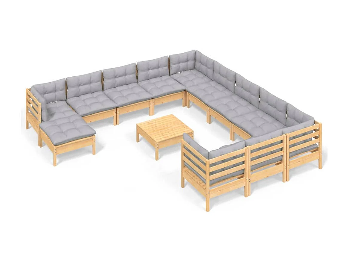 Set Divani da Giardino 13 pz con Cuscini Grigi Massello di Pino