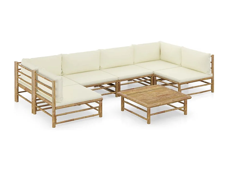 Salon de jardin 7 pcs avec coussins blanc crème bambou