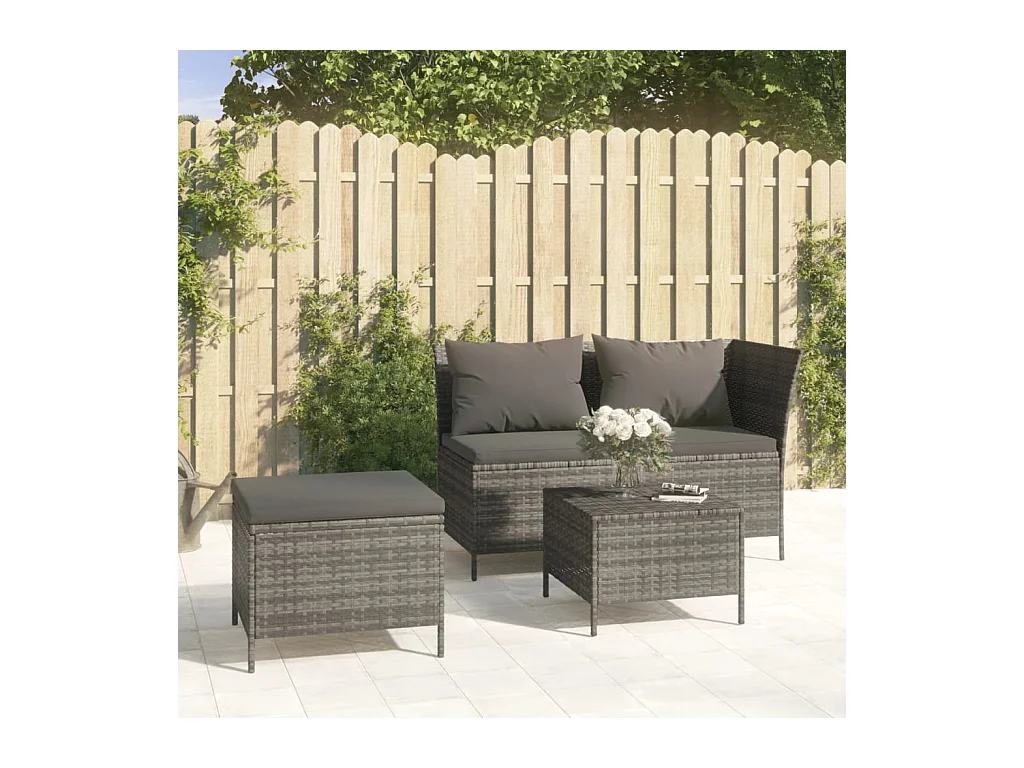 Set Divani da Giardino 3 pz con Cuscini in Polyrattan Grigio