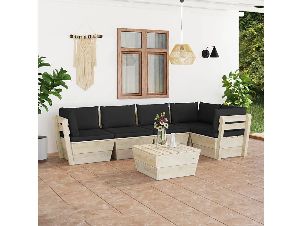 6 pcs conjunto lounge de paletes + almofadões madeira de abeto