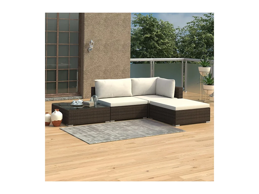 Salon de jardin 4 pcs avec coussins Résine tressée Marron