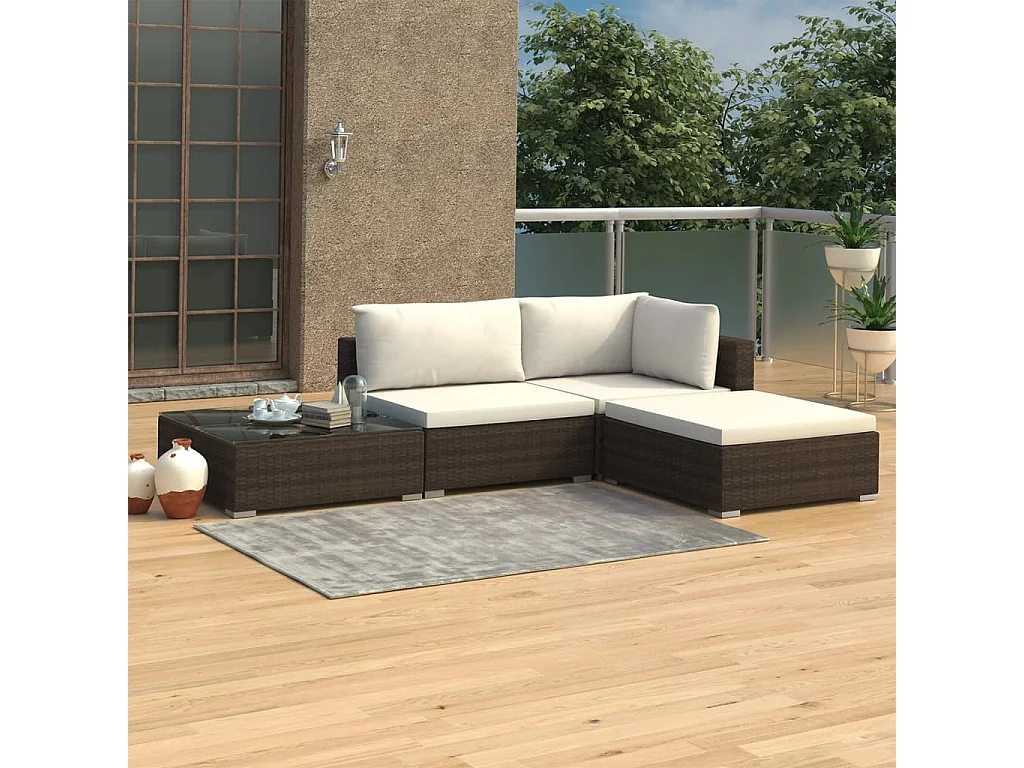 Set Divani da Giardino 4 pz con Cuscini in Polyrattan Marrone