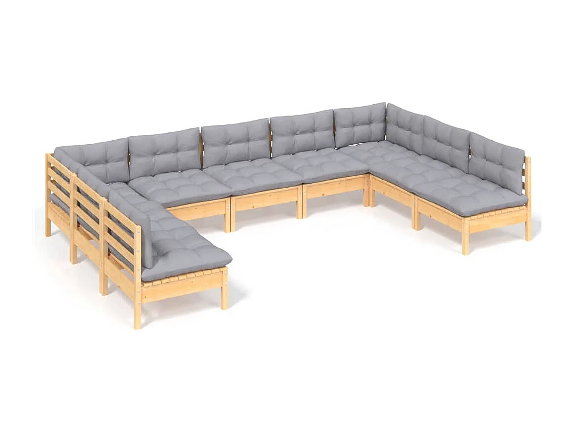 Salon de jardin 9 pcs avec coussins gris bois de pin massif
