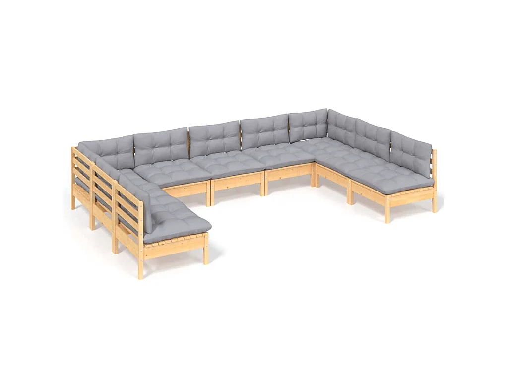 Salon de jardin 9 pcs avec coussins gris bois de pin massif