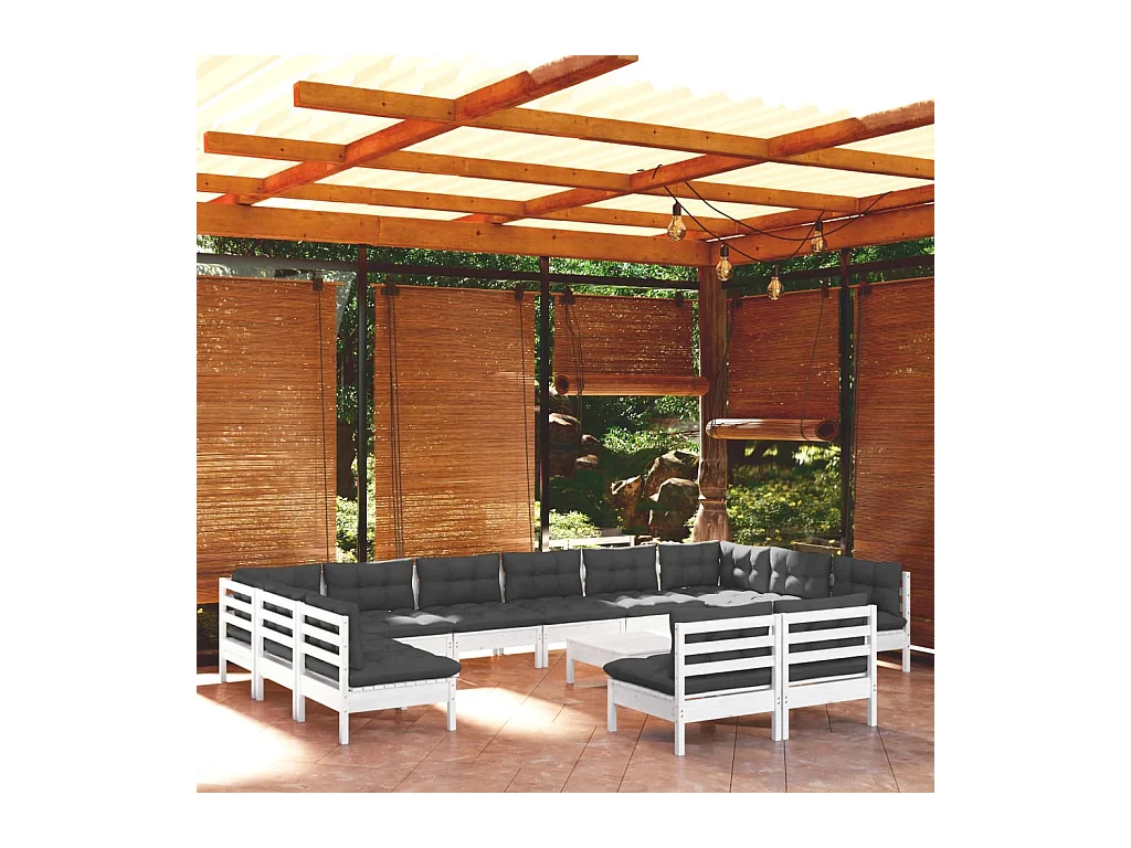 Salon de jardin 13 pcs avec coussins blanc bois de pin solide