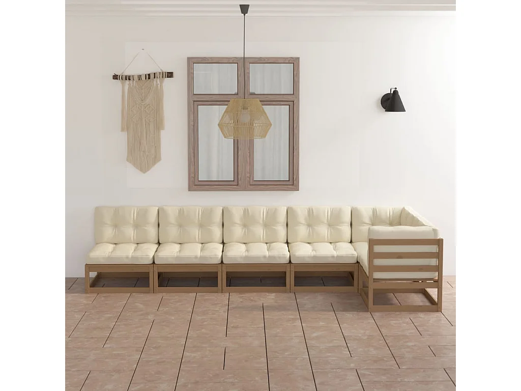 6 pcs conjunto lounge de jardim com almofadões pinho maciço