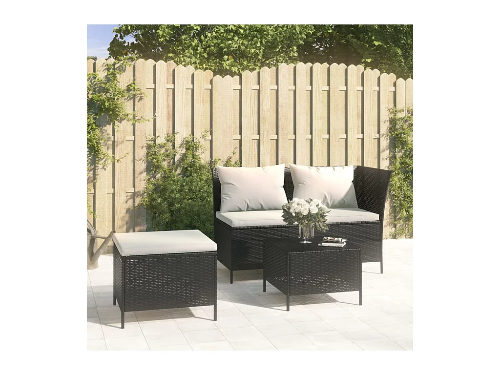 Salon de jardin 3 pcs avec coussins Noir Résine tressée