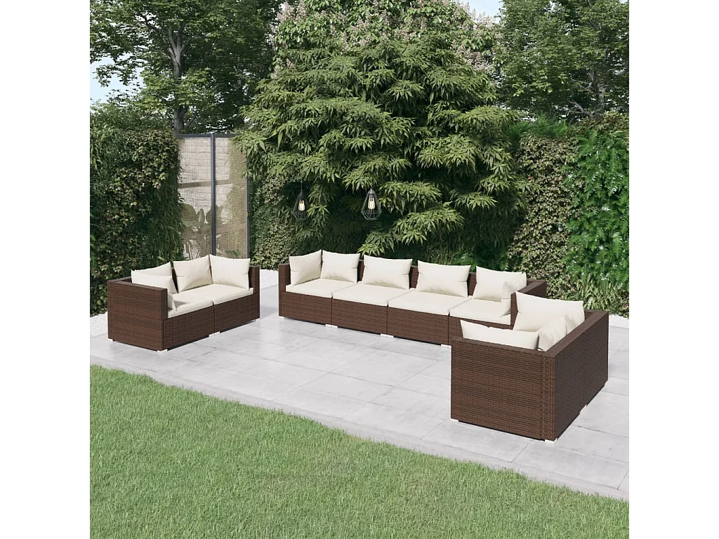 8 pcs conjunto lounge jardim c/ almofadões vime PE castanho