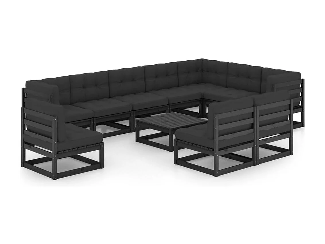 Salon de jardin 11 pcs avec coussins Noir Bois de pin massif