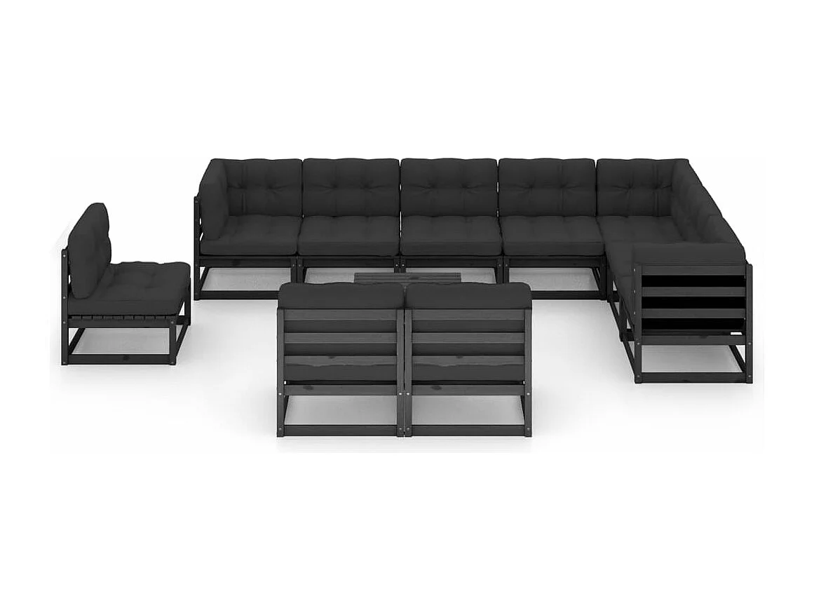 Salon de jardin 11 pcs avec coussins Noir Bois de pin massif