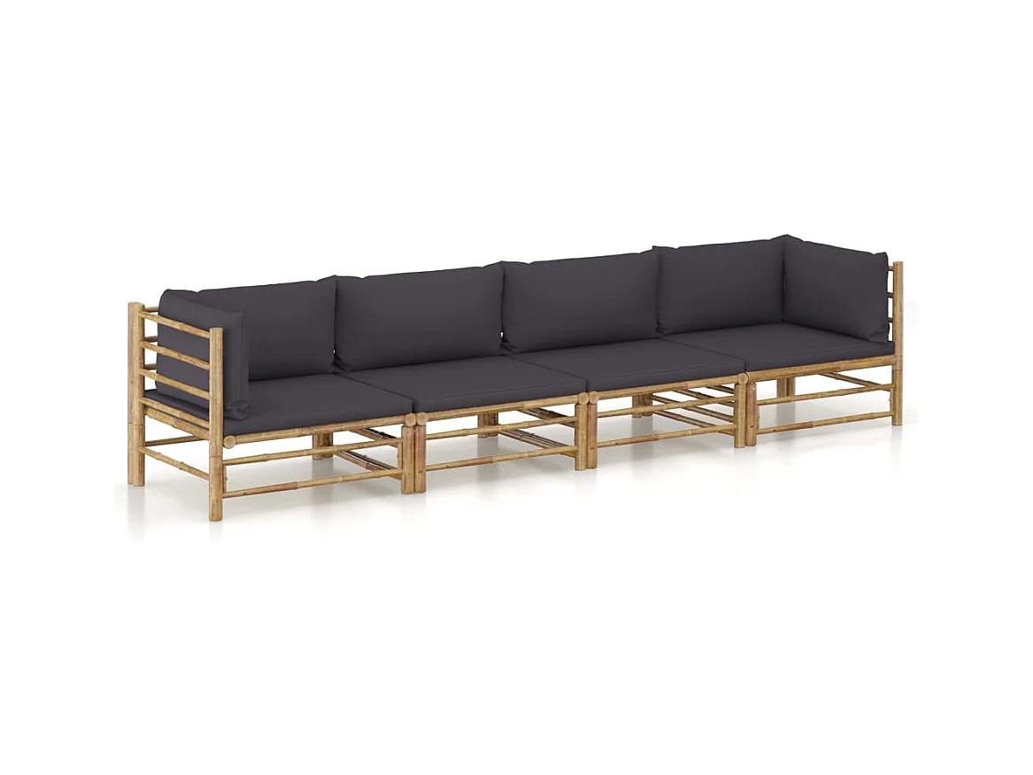 Salon de jardin 4 pcs avec coussins gris foncé bambou