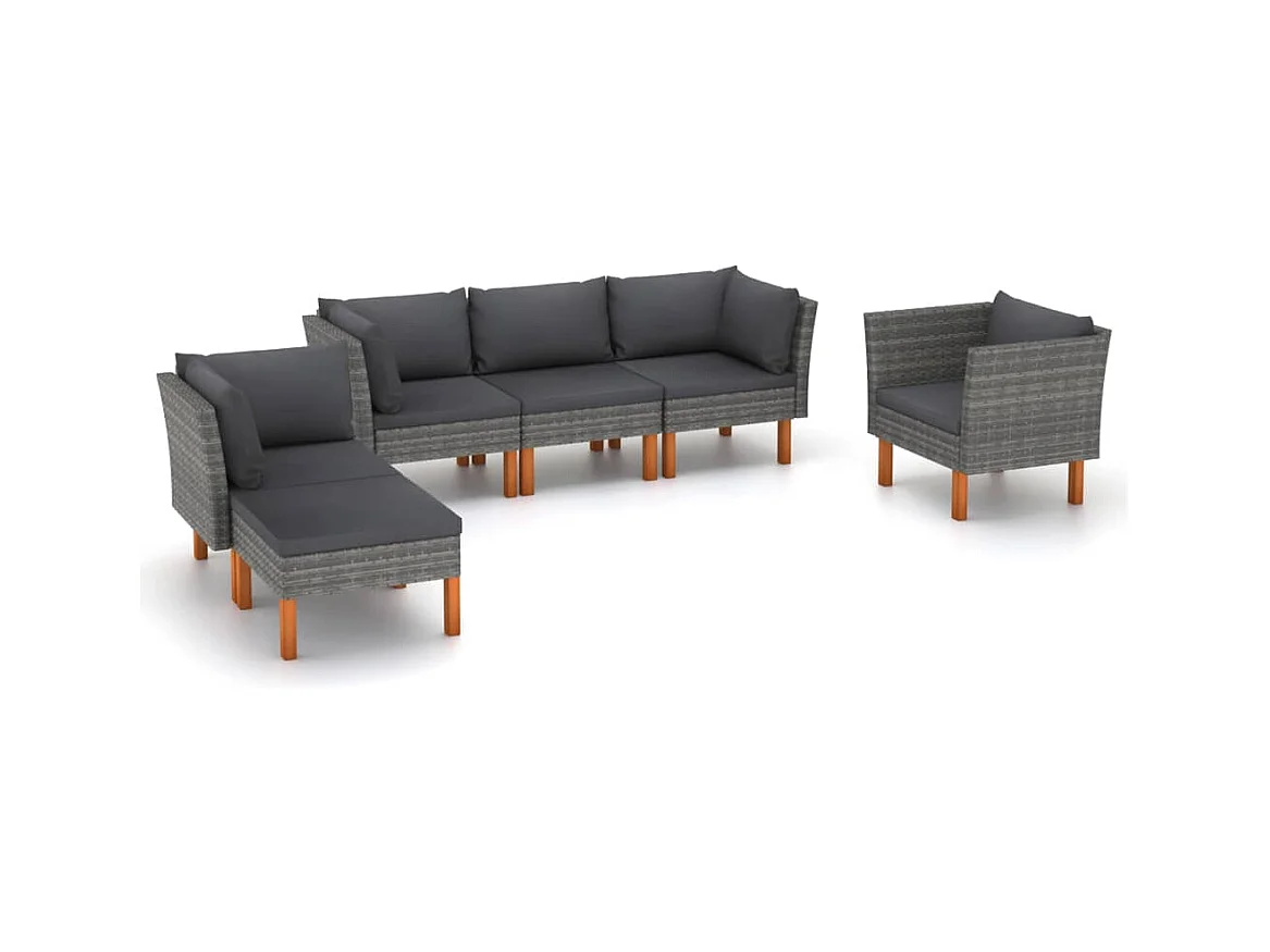 Set Divani da Giardino 6pz Polyrattan Legno di Eucalipto Grigio