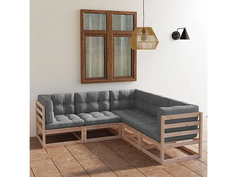 Juego de muebles de jardín 5 pzas y cojines madera pino maciza