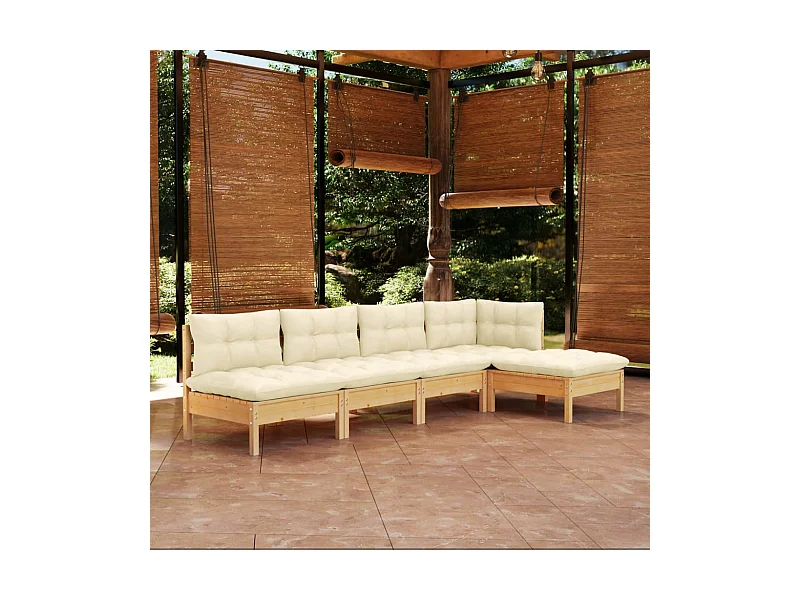 Muebles de jardín 5 piezas cojines madera de pino crema