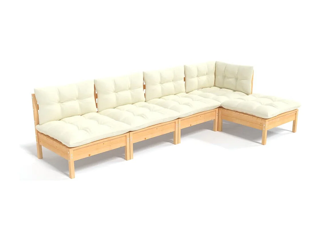 Salon de jardin 5 pcs avec coussins crème bois de pin