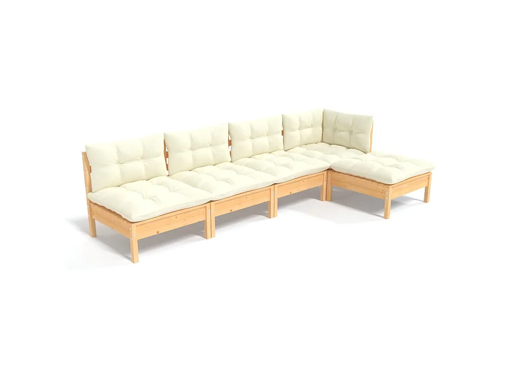 Muebles de jardín 5 piezas cojines madera de pino crema