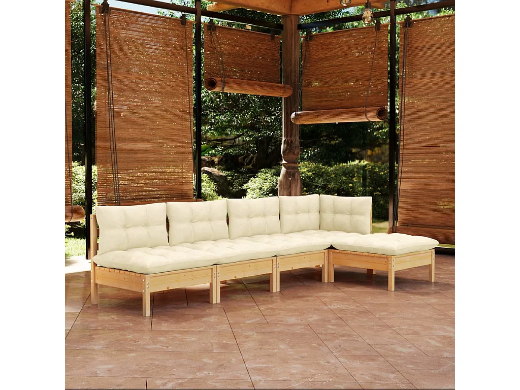 Muebles de jardín 5 piezas cojines madera de pino crema