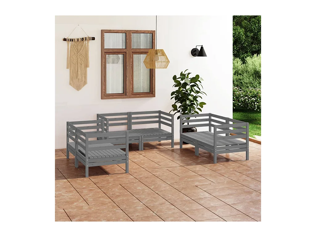 Set Divani da Giardino 6 pz Grigio in Legno Massello di Pino