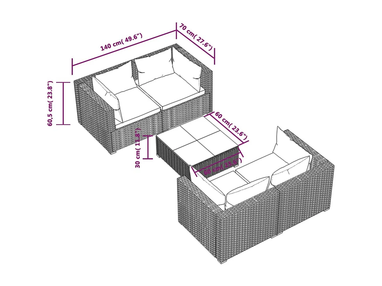 Set Divani da Giardino 5 pz con Cuscini in Polyrattan Grigio