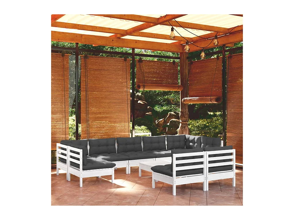 Salon de jardin 10 pcs avec coussins blanc bois de pin massif