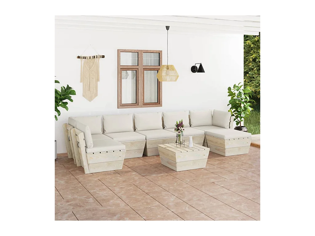 Salon de jardin palette 8 pcs avec coussins bois d'épicéa