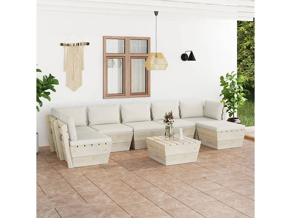 Salon de jardin palette 8 pcs avec coussins bois d'épicéa