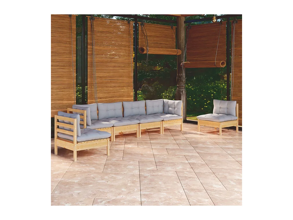 Set Divani da Giardino 6 pz con Cuscini Grigi Massello di Pino