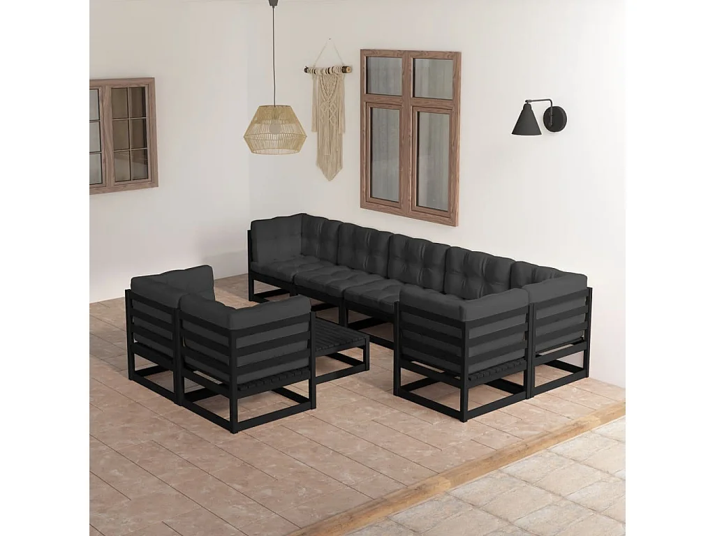9 pcs conjunto lounge de jardim c/ almofadões pinho maciço