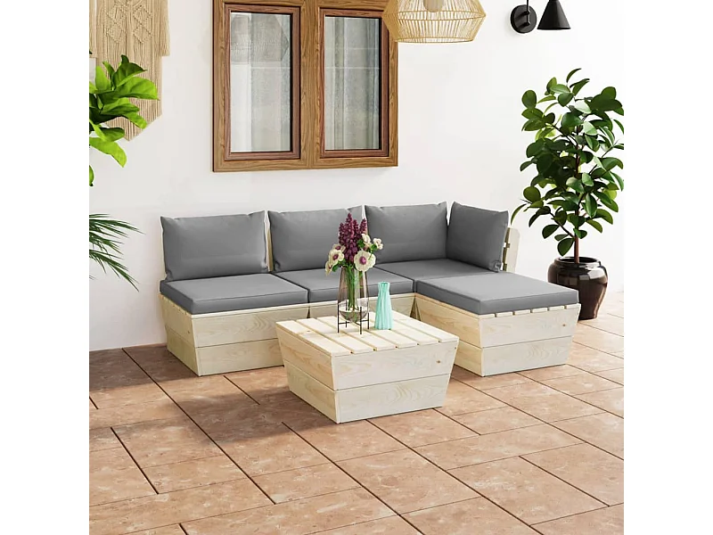 5-delige Loungeset met kussens pallet vurenhout
