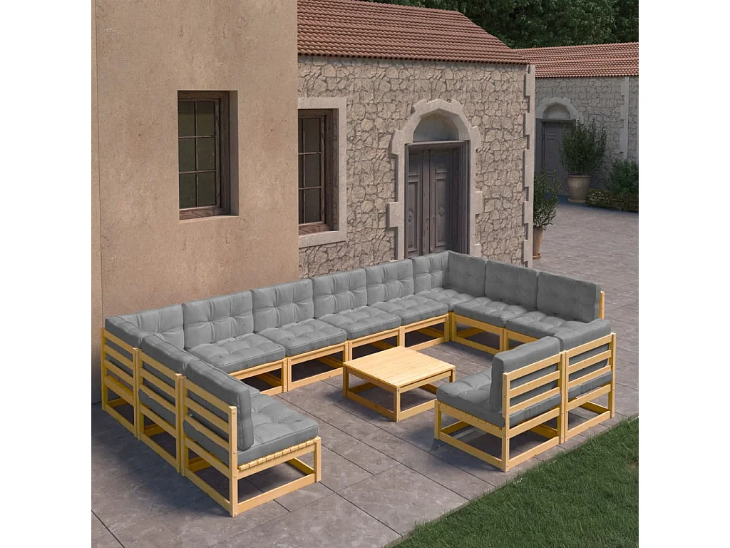 Set Divani Giardino 13 pz con Cuscini in Legno Massello di Pino