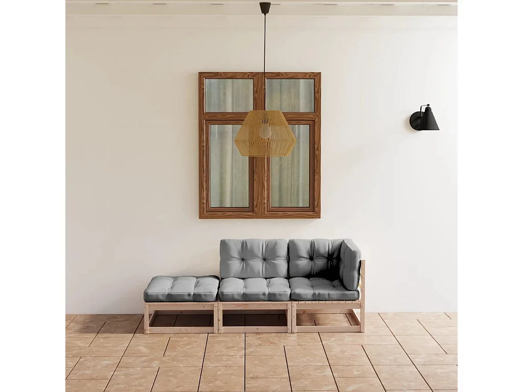 3 pcs conjunto lounge de jardim c/ almofadões pinho maciço