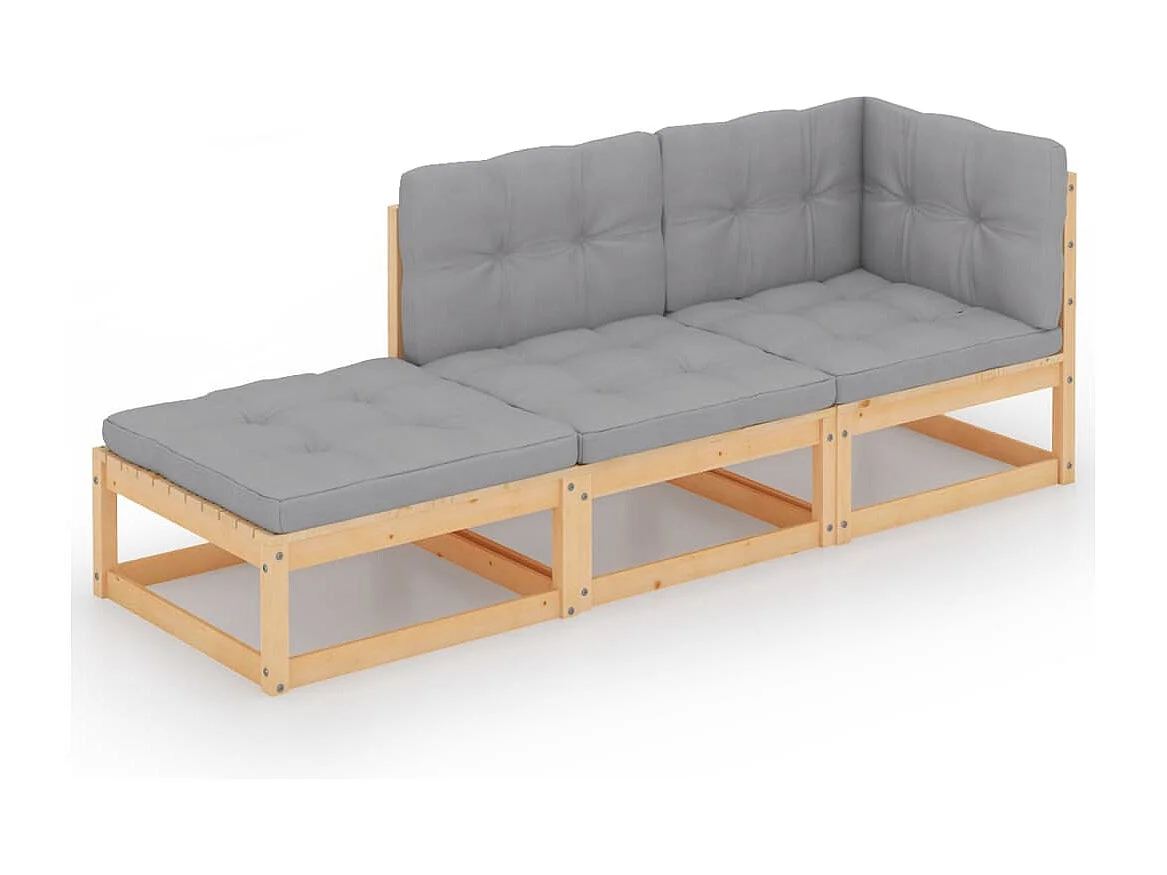 3 pcs conjunto lounge de jardim c/ almofadões pinho maciço