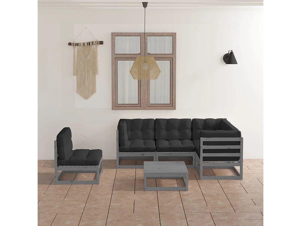 6-delige Loungeset met kussens massief grenenhout