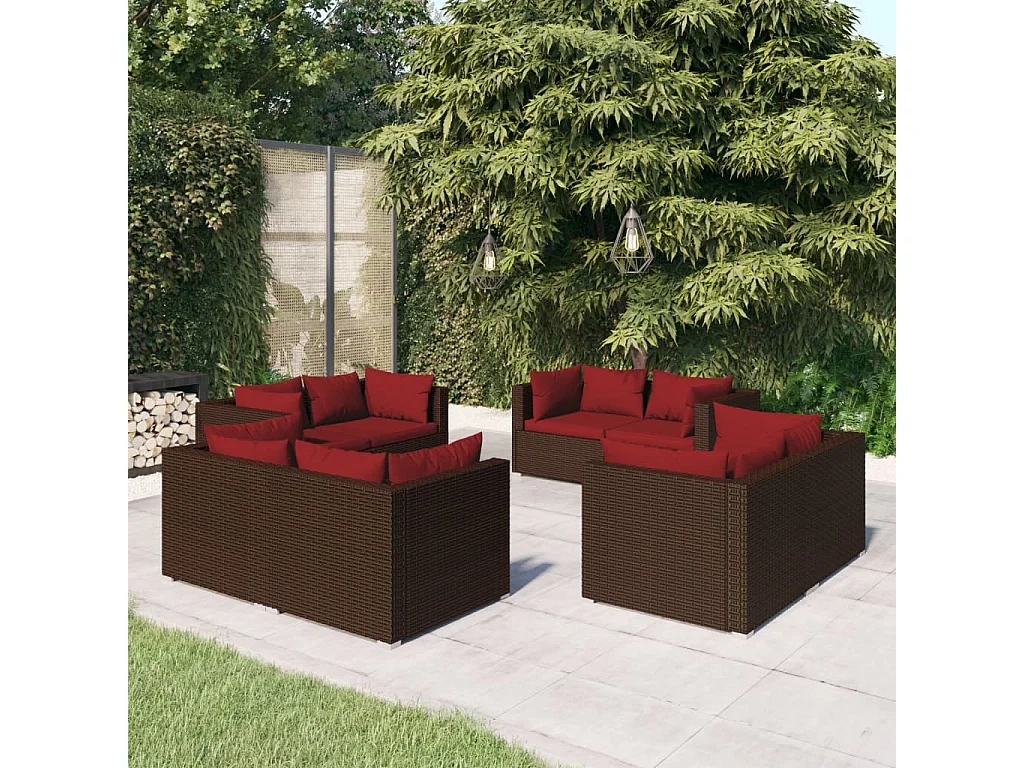 8-delige Loungeset met kussens poly rattan bruin