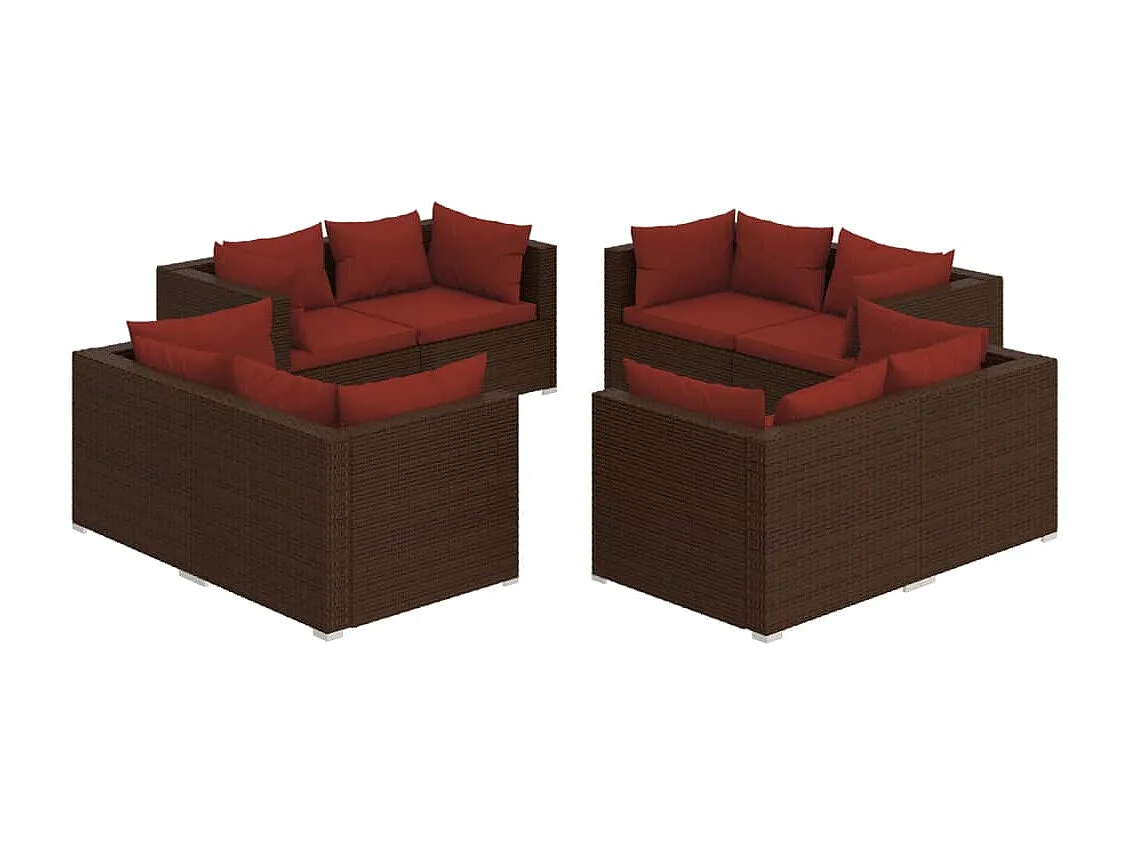 8-delige Loungeset met kussens poly rattan bruin