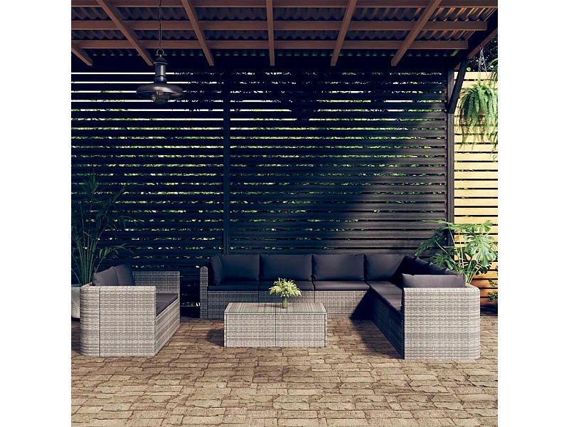 10-tlg. Garten-Lounge-Set mit Kissen Poly Rattan Grau