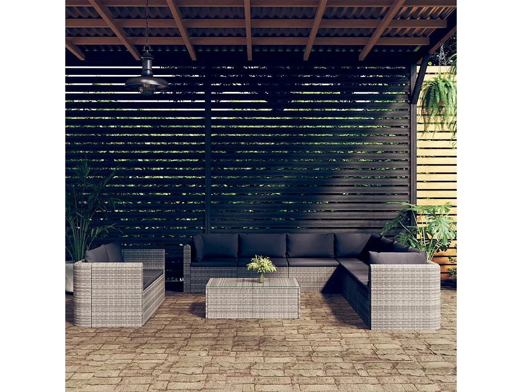 10-tlg. Garten-Lounge-Set mit Kissen Poly Rattan Grau