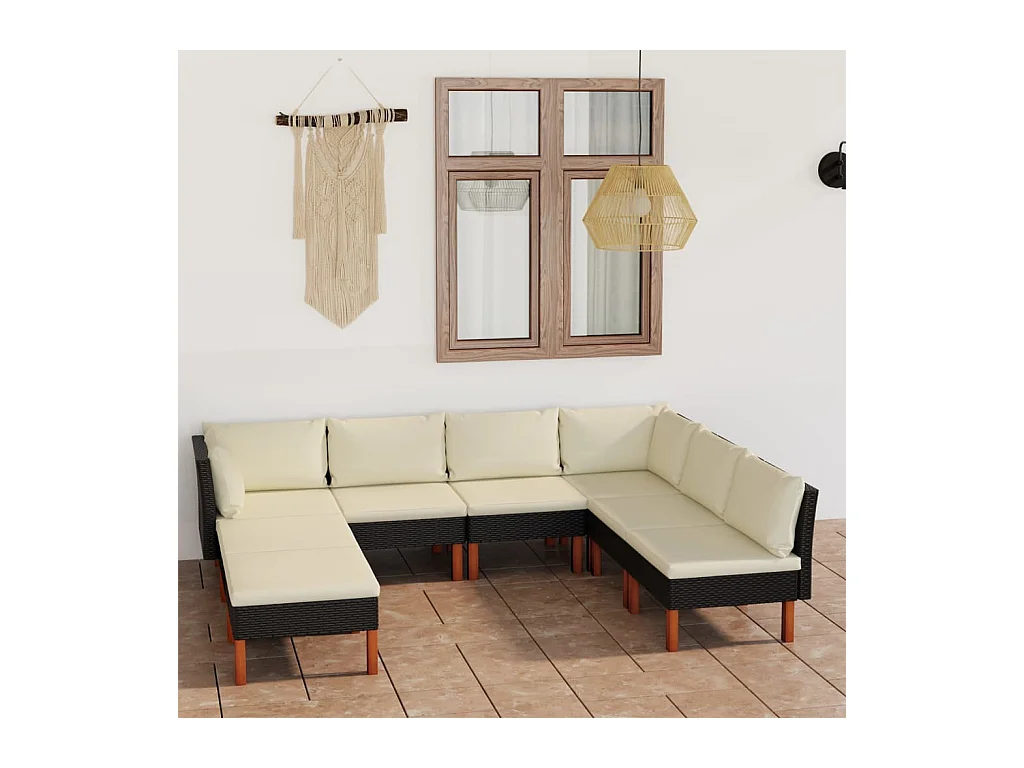 Salon de jardin 8 pcs avec coussins Résine tressée Noir
