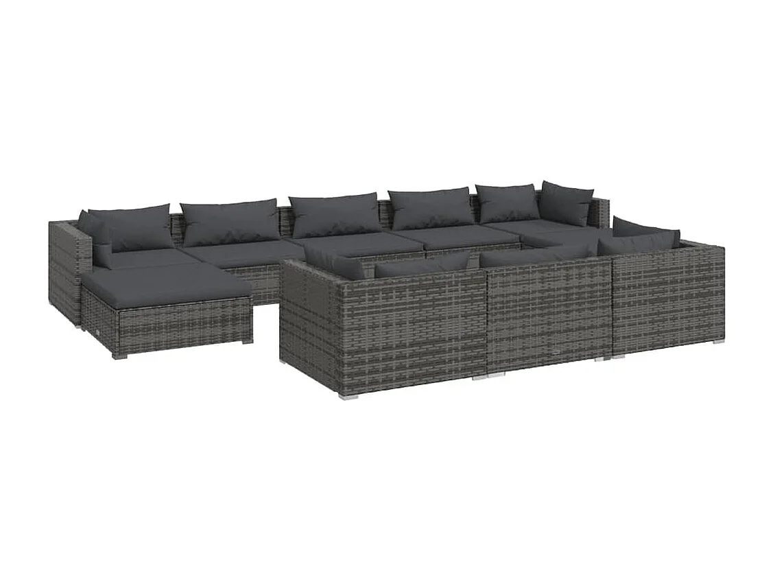 Salon de jardin 10 pcs avec coussins Gris Résine tressée